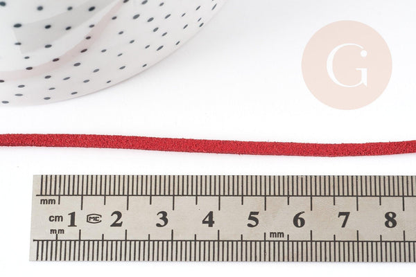 Cordon suédé rouge à paillettes imitation cuir 3-4mm, x1 mètre (G4798)