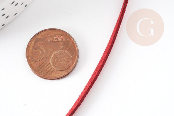 Cordon suédé rouge à paillettes imitation cuir 3-4mm, x1 mètre (G4798)