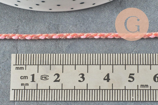 Cordon tressé Rose corail taupe 2mm, cordon pour bijoux,cordon multicolore scrapbooking,corde décoration, x1 mètre G5813
