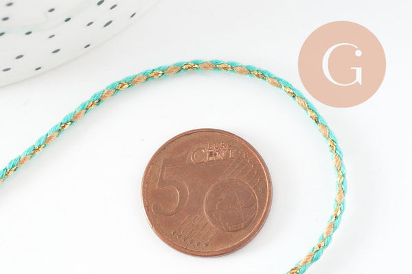 Cordon tressé Vert Jaune turquoise or 1.5mm x1 mètre G9731