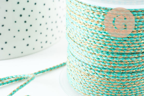 Cordon tressé Vert Jaune turquoise or 1.5mm x1 mètre G9731