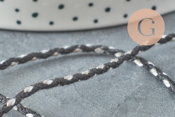 Cordon tressé blanc noir gris 2mm, x1 mètre (G5811)