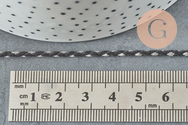 Cordon tressé blanc noir gris 2mm, x1 mètre (G5811)