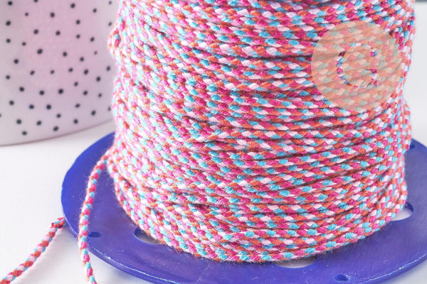 Cordon tressé blanc rose bleu 2mm, cordon pour bijoux,cordon multicolore scrapbooking, x1 mètre,G5938