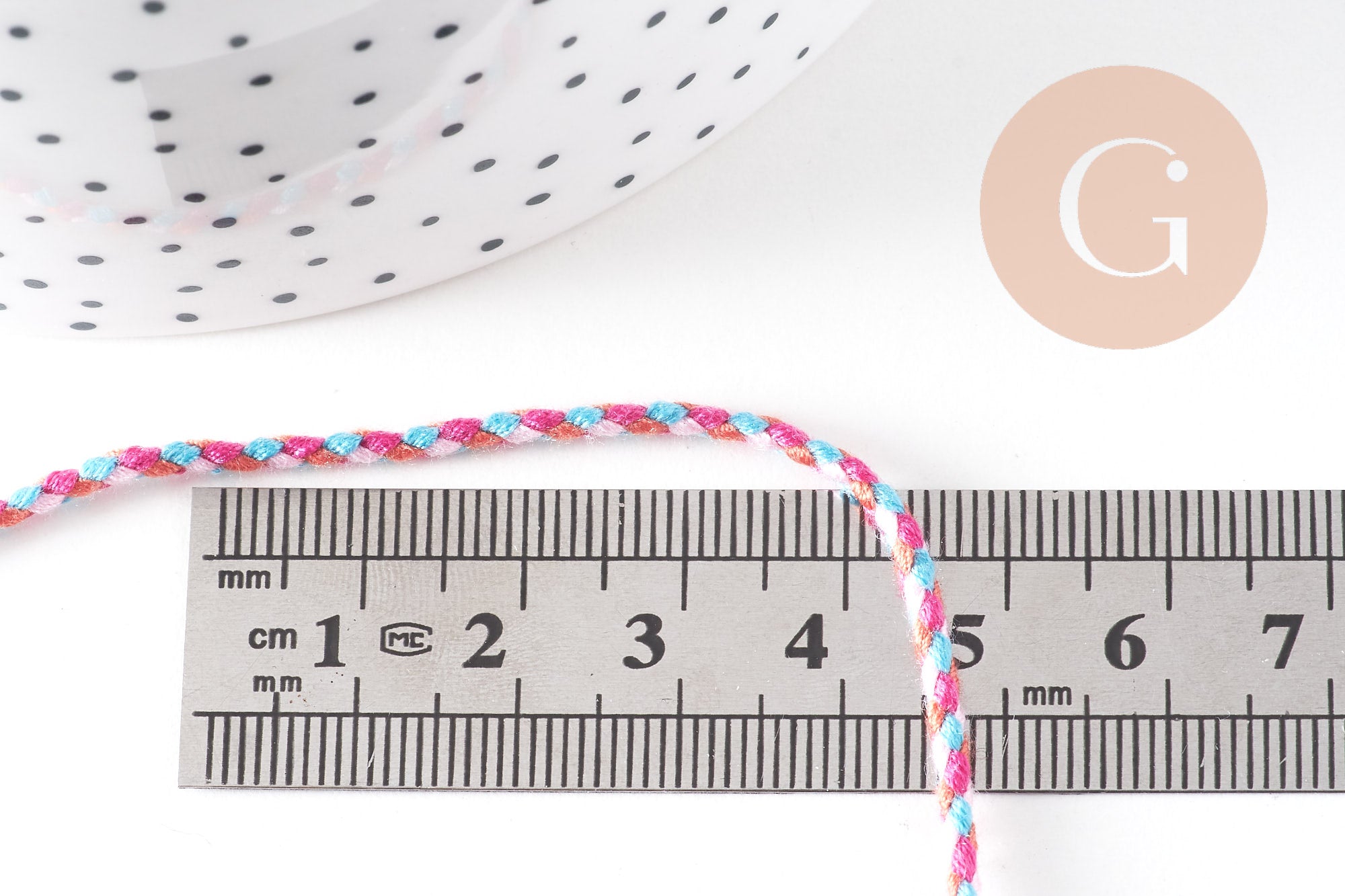 Cordon tressé blanc rose bleu 2mm, cordon pour bijoux,cordon multicolore scrapbooking, x1 mètre,G5938