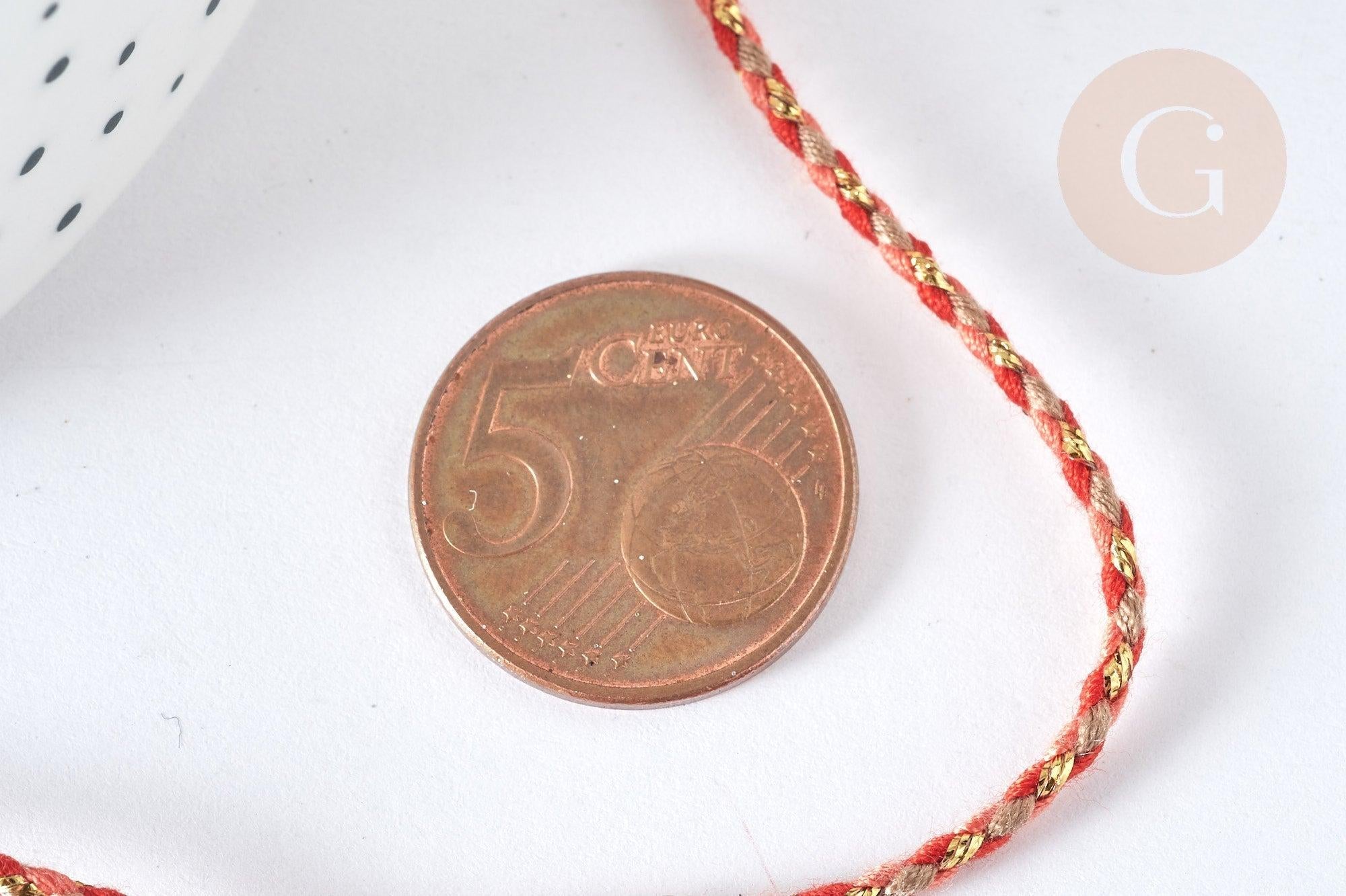 Cordon tressé orange clair et foncé fil doré 1.5mm-2mm, scrapbooking, x 1Mètre (G7470)