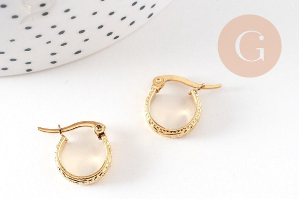 Créole gravée acier doré, oreille percée,sans nickel, boucles acier,16mm, la paire (G2635)