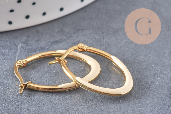 Créole ovale acier doré émail blanc,boucles acier doré inoxydable,30x20mm la paire (G4200)