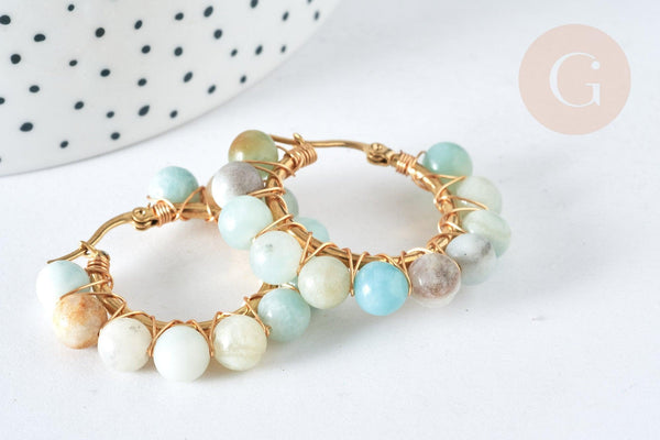 Créoles Amazonite naturelle ronde acier doré 32.5mm, idée cadeau femme, la paire, (G7399)