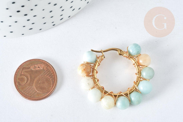 Créoles Amazonite naturelle ronde acier doré 32.5mm, idée cadeau femme, la paire, (G7399)