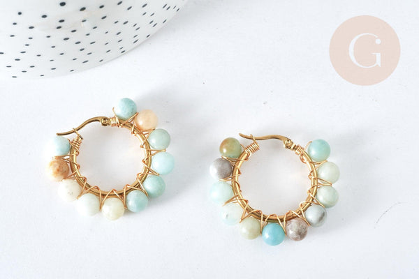 Créoles Amazonite naturelle ronde acier doré 32.5mm, idée cadeau femme, la paire, (G7399)