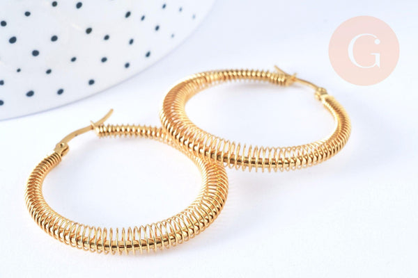 Créoles acier doré 23.5mm, bijoux doré,cadeau anniversaire, oreille percée,sans nickel, boucles acier, la paire (G6640)