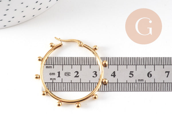 Créoles acier doré boules, bijoux doré,oreille percée,sans nickel, boucles acier, 42.5mm la paire (G4215)