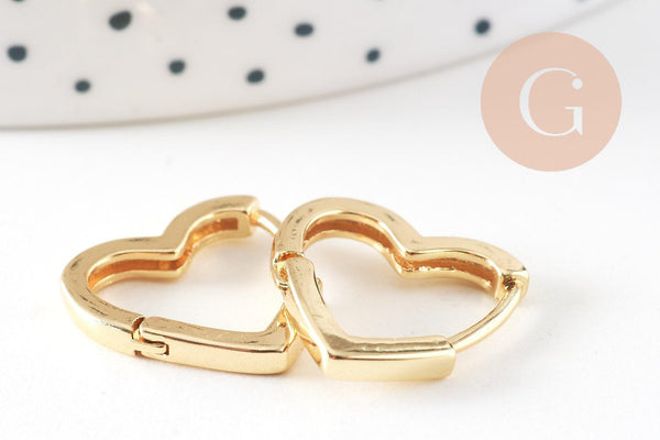 Créoles coeur bijoux laiton doré 18K sans nickel 16.5mm, la paire (G3720)