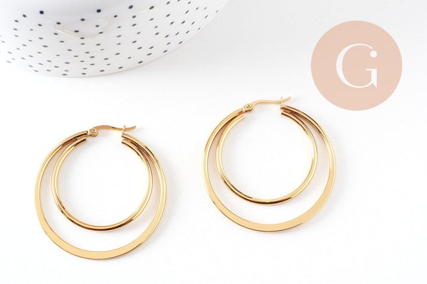 Créoles double acier inoxydable 304 doré 46mm, la paire (G1311)