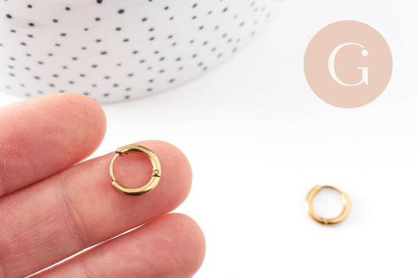 Créoles fine acier 316 inoxydable doré IP 13mm, x1 paire (G10894)