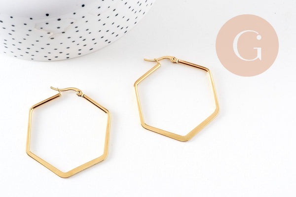 Créoles géométrique acier doré, boucles losange,sans nickel, boucles acier, 32mm la paire (G2297)