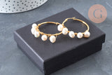 Créoles perles eau douce,acier inoxydable doré 41mm, bijoux acier inoxydable,sans nickel, oreille percée, boucles acier, la paire (G6851)