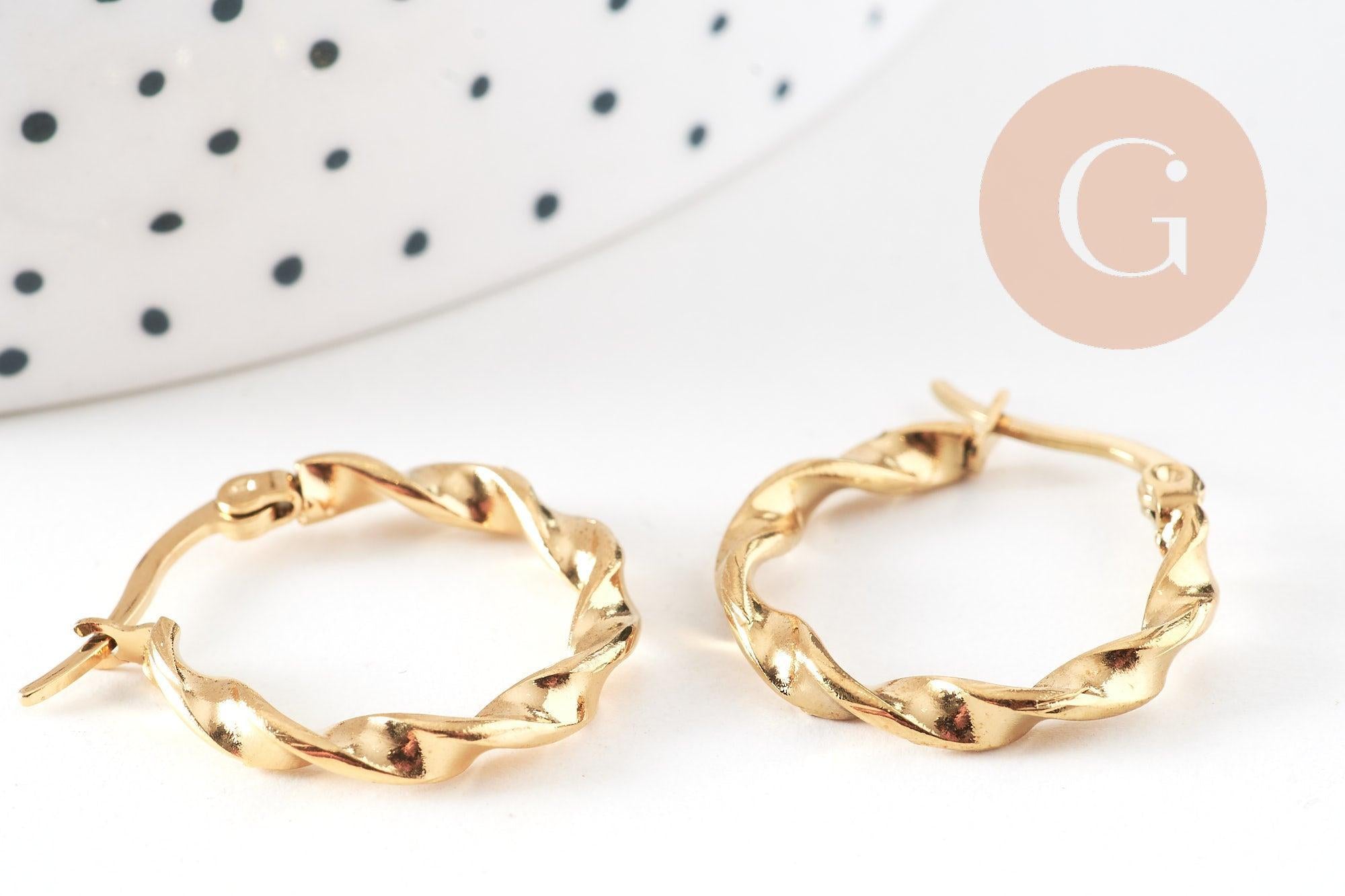 Créoles torsadées acier doré, oreille percée,sans nickel, boucles acier, 21mm, la paire (G0599)