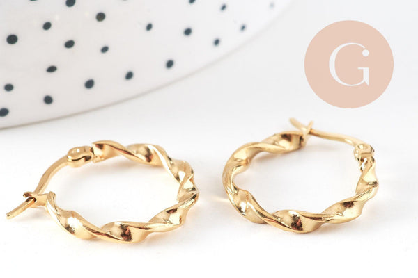 Créoles torsadées acier doré, oreille percée,sans nickel, boucles acier, 21mm, la paire (G0599)