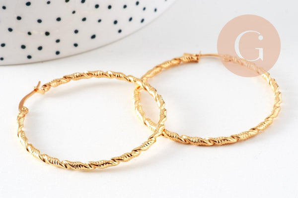 Créoles torsadées acier doré, oreille percée,sans nickel, boucles acier, 45mm la paire (G1187)