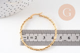 Créoles torsadées acier doré, oreille percée,sans nickel, boucles acier, 45mm la paire (G1187)