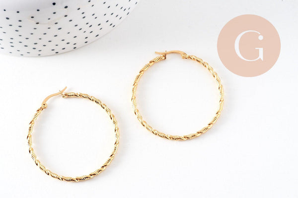 Créoles torsadées acier doré, oreille percée,sans nickel, boucles acier, 45mm la paire (G1187)