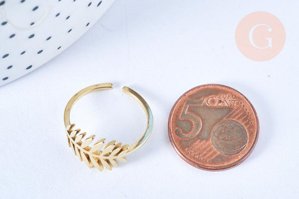 EP-Bague réglable feuille de palme acier doré Taille 54, x1 (G6409)