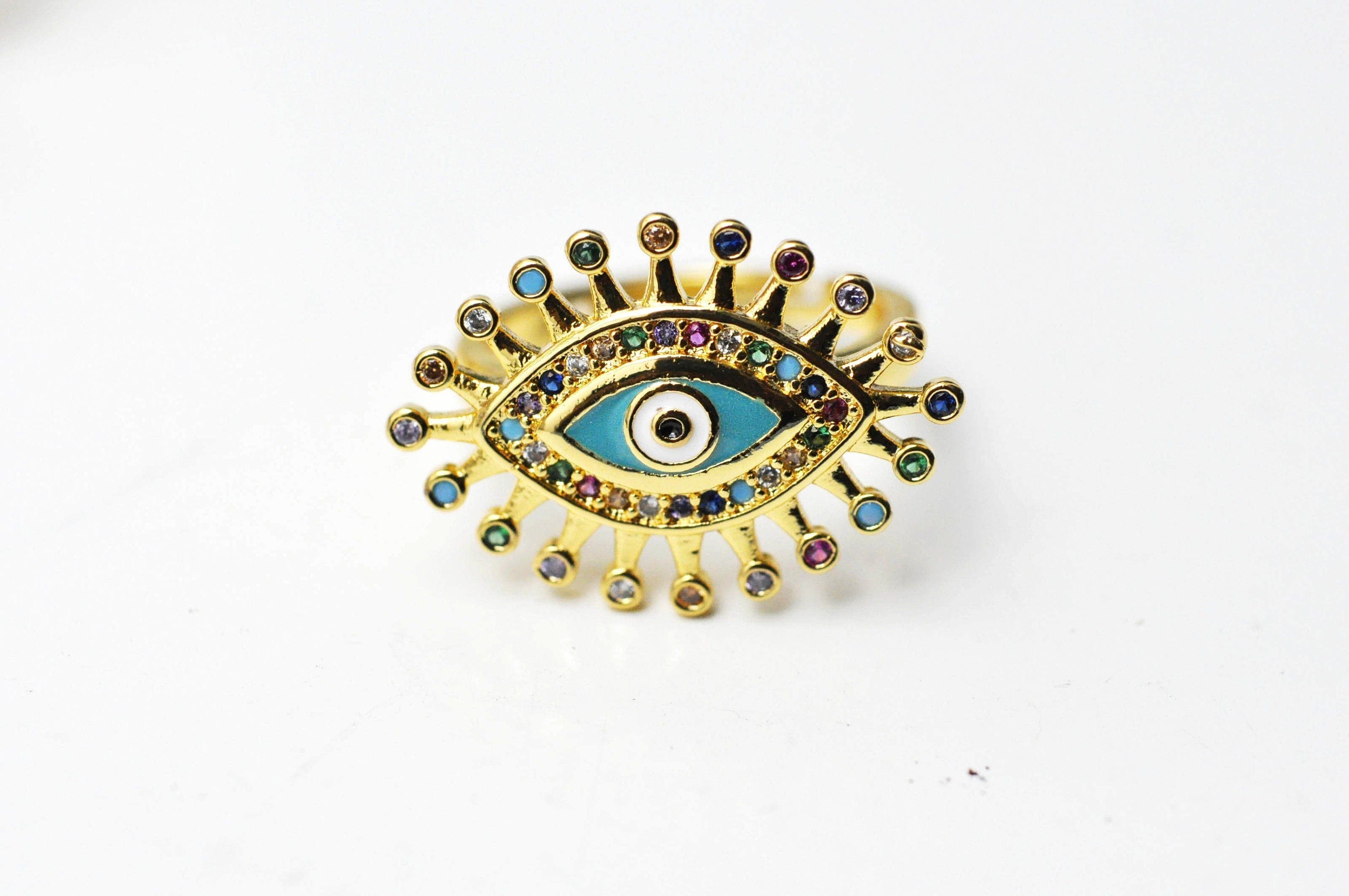 EP Bague réglable laiton doré émail oeil protecteur 17mm , x1 G4244