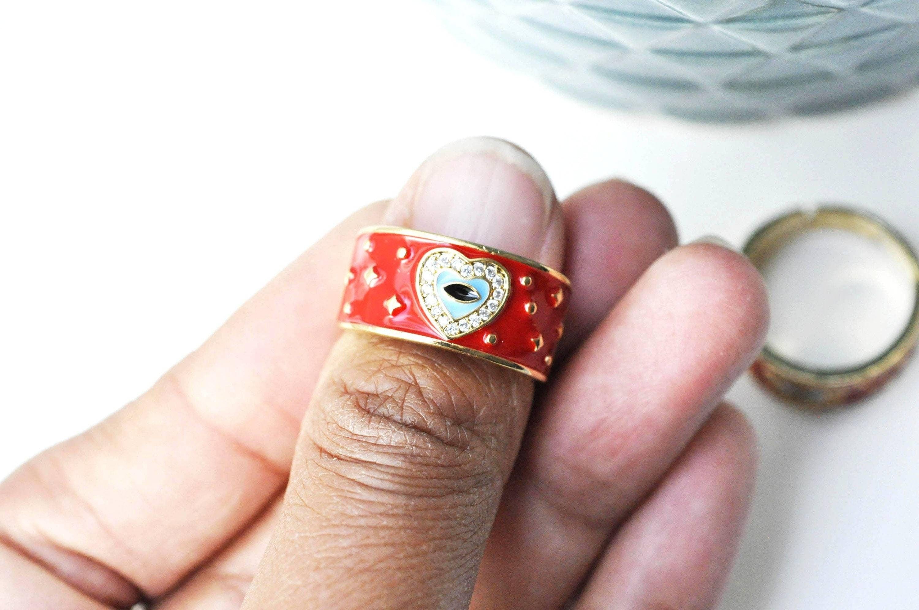 EP-Bague réglable laiton doré émail rouge oeil protecteur 18mm, x1 (G4248)