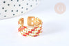 EP-Bague réglable maille croisée acier inoxydable doré émail blanc et rouge Taille 54, x1 (G7007)