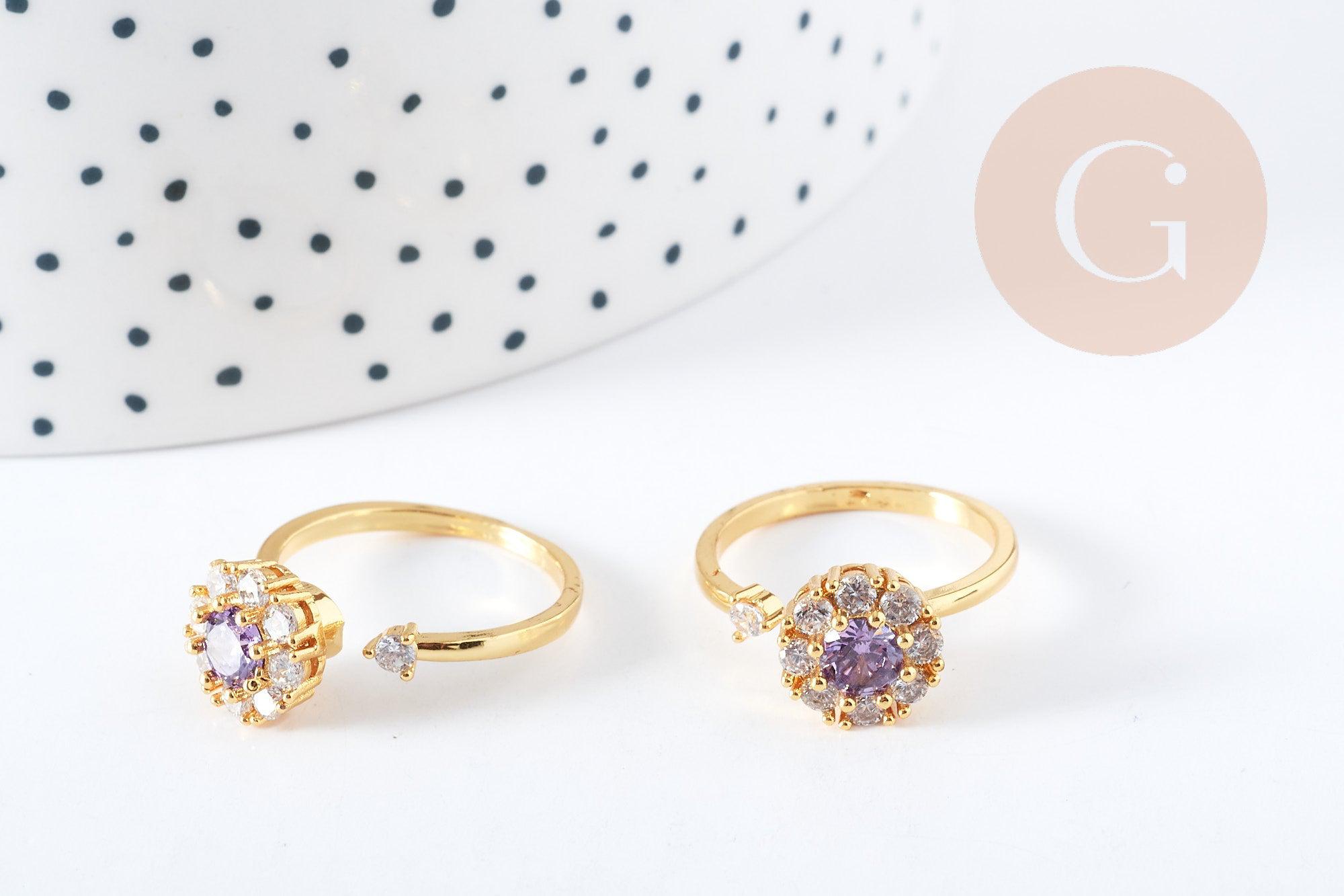 EP Bague rotative réglable laiton doré zircons blancs et violets 18.5mm, x1 (G8889)