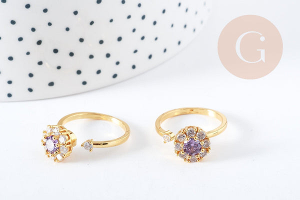 EP Bague rotative réglable laiton doré zircons blancs et violets 18.5mm, x1 (G8889)