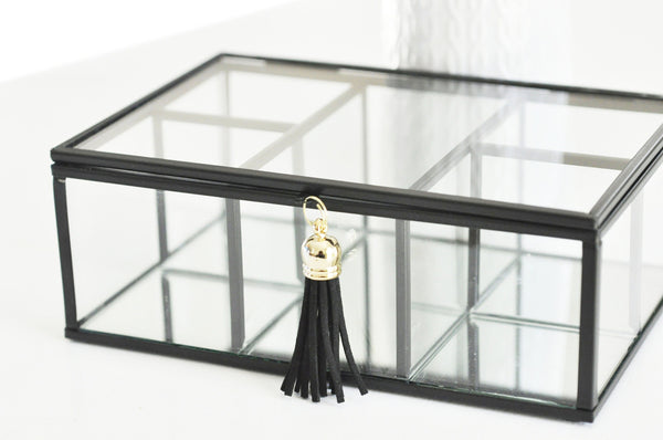 EP Boite à bijoux en verre métal noir rectangle,rangement bijoux, boite verre vintage décoration minimaliste, boîte verre, 18cm,G4886