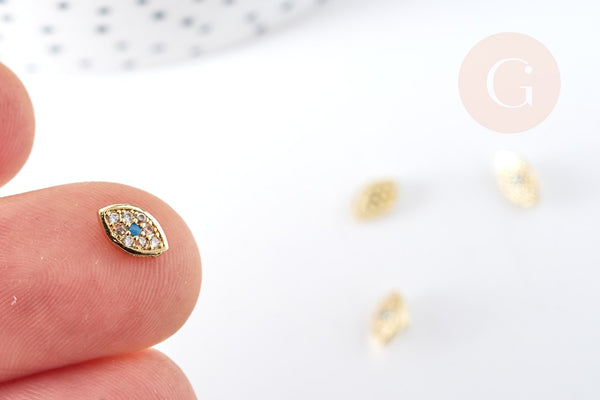 EP-Breloque oeil protecteur à coller laiton doré zircons 7.5mm, x1 (G8608)