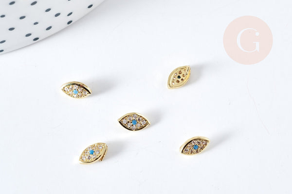 EP-Breloque oeil protecteur à coller laiton doré zircons 7.5mm, x1 (G8608)