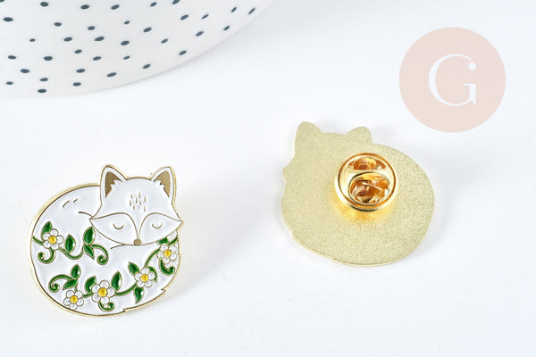 EP-Broche pins renard motif végétal doré émail blanc 26mm, x1 (G8497)