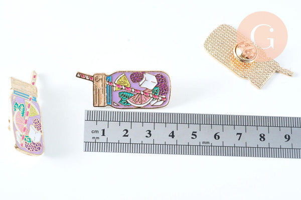 EP Broche pins verre coktail été laiton doré émaillé 41x18mm,broche dorée,creation bijoux,décoration veste, x1 G6618