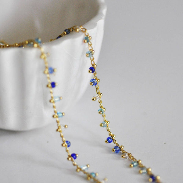 EP Chaine Dorée perles bleue 16K, chaine bijou, création bijoux, plaqué or,chaine perle dorée,chaine perles,2 mm, 1 metre-G629