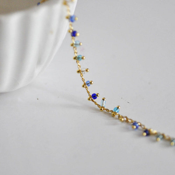EP Chaine Dorée perles bleue 16K, chaine bijou, création bijoux, plaqué or,chaine perle dorée,chaine perles,2 mm, 1 metre-G629