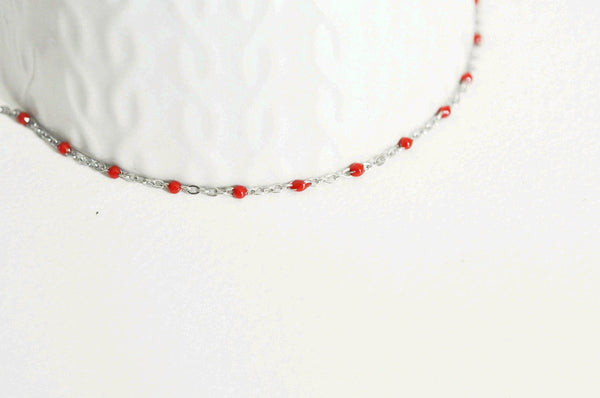EP Chaine acier argenté résine rouge,chaine collier, création bijoux,chaine fantaisie,chaine sans nickel, chaine complète,2mm,45cm,G2398