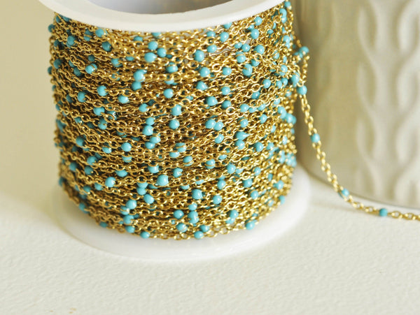 EP Chaine dorée 14 carats fantaisie acier inoxydable résine bleu 1.5mm, x1 metre (G1417)