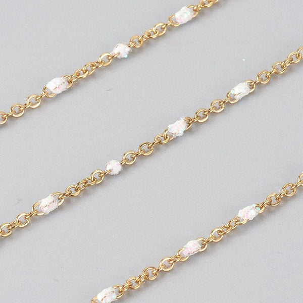 EP-Chaine dorée acier inoxydable doré fantaisie résine blanche paillette 2mm,x 1 mètre (G6735)