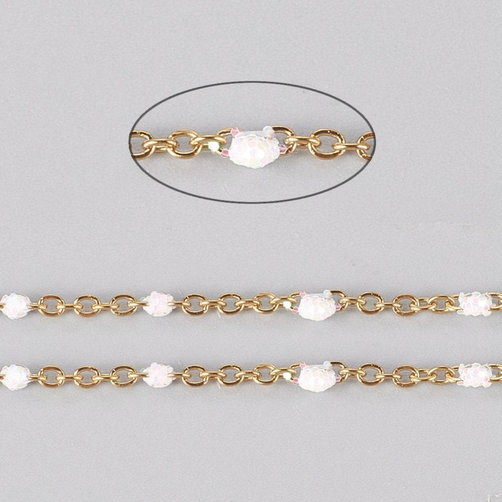 EP-Chaine dorée acier inoxydable doré fantaisie résine blanche paillette 2mm,x 1 mètre (G6735)
