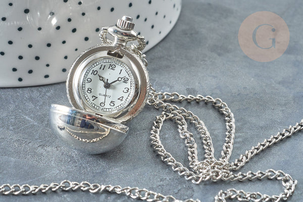 EP Collier Pendentif montre de poche rétro zamac platine 36mm, x1 G7854