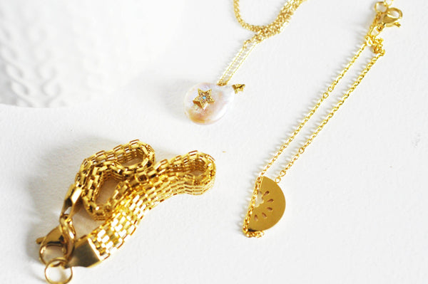 EP Collier chaine acier dorée 14k perle étoile, chaine fantaisie,collier sans nickel,perle naturelle, acier doré,chaine complète,2mm,42cm,G3421