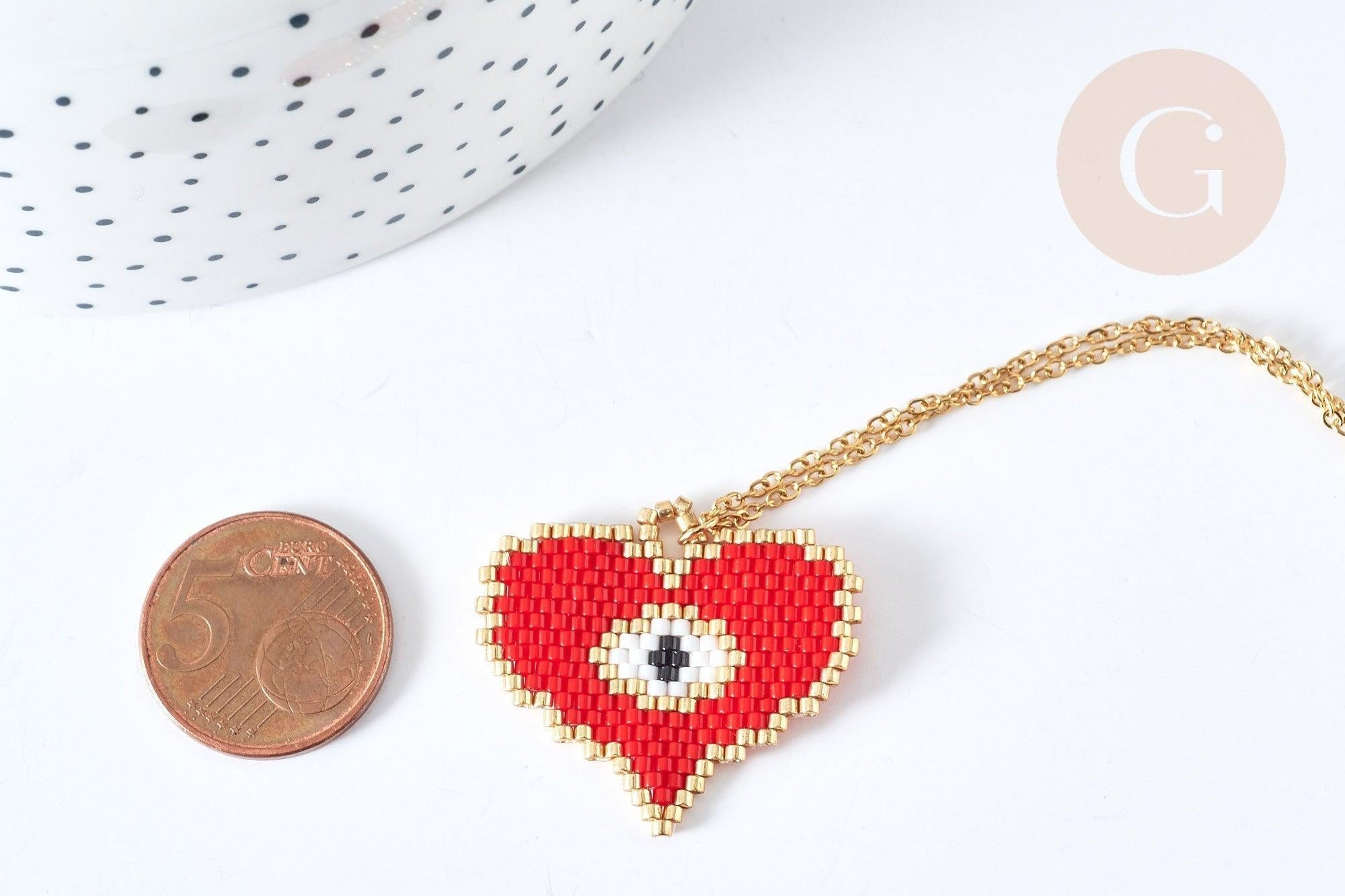 EP-Collier sautoir pendentif tissage coeur oeil protecteur perle de rocailles acier doré 50cm, cadeau pour femme, x1 G7687