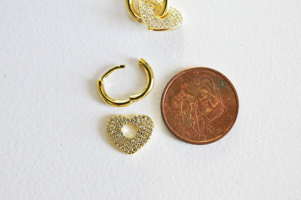 EP-Créoles laiton doré 16k coeur zircon cristal, bijoux doré, oreille percée,paire boucles cristal, 20mm,G3093