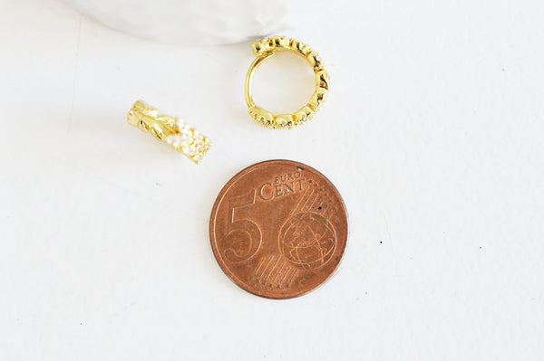 EP Créoles laiton doré 18k Feuille zircon cristal blanc bijoux doré, oreille percée, cadeau anniversaire,paire boucles cristal, 13.5mm,G3150