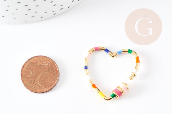 EP Fermoir à vis laiton doré 16k rayé coloré coeur 30.5mm, x1 (G4268)